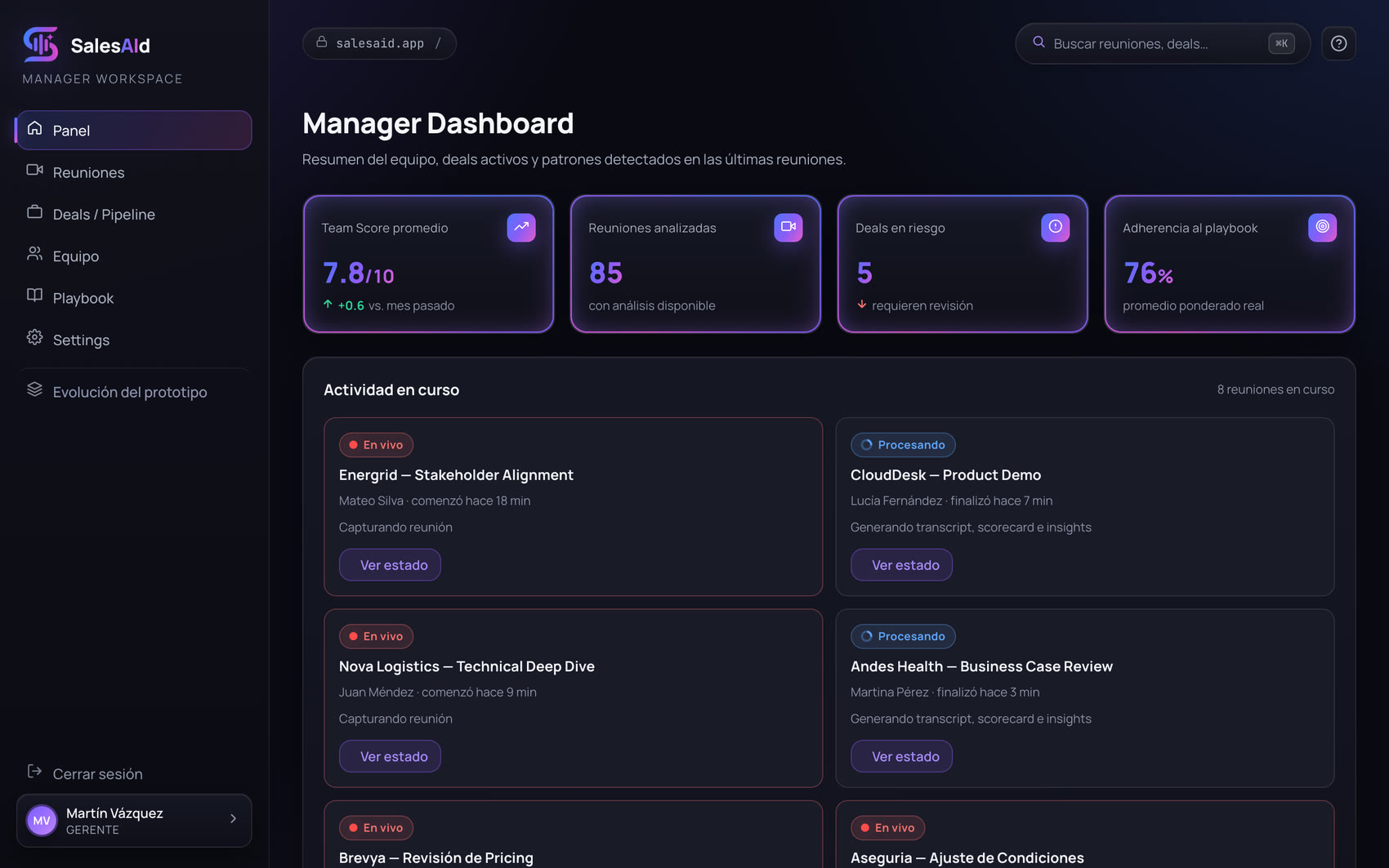 Panel del manager con score del equipo