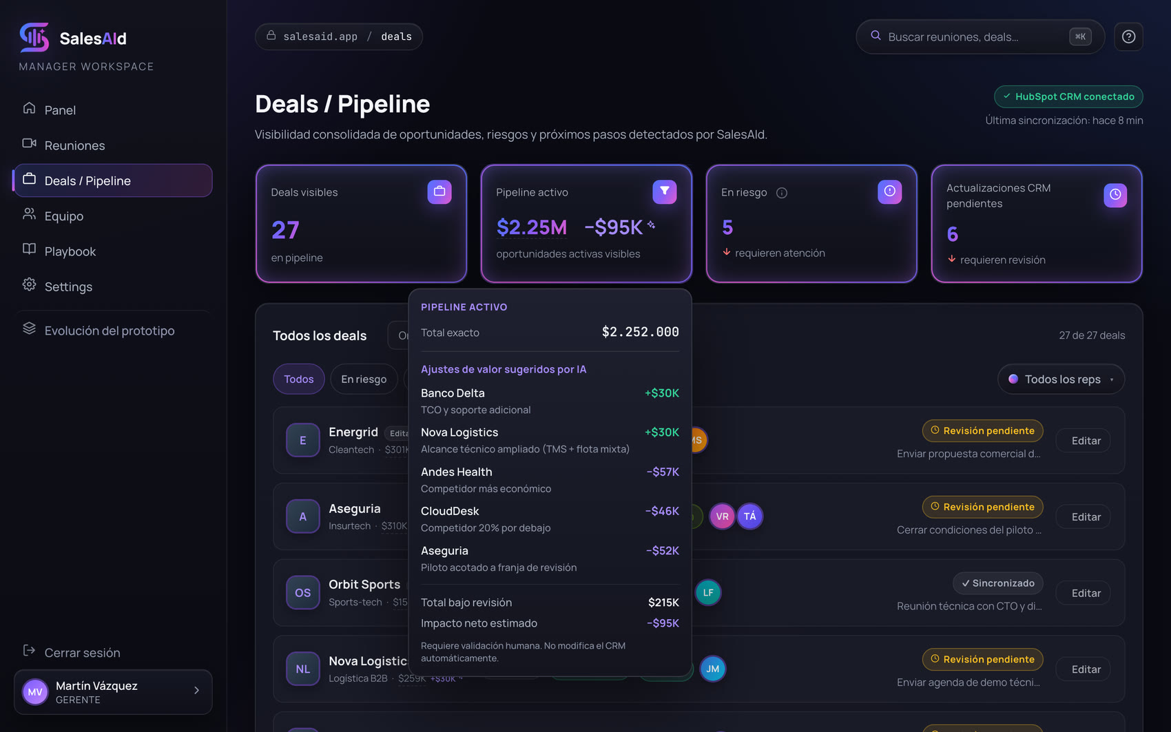 Deals / Pipeline con ajustes de valor sugeridos por IA