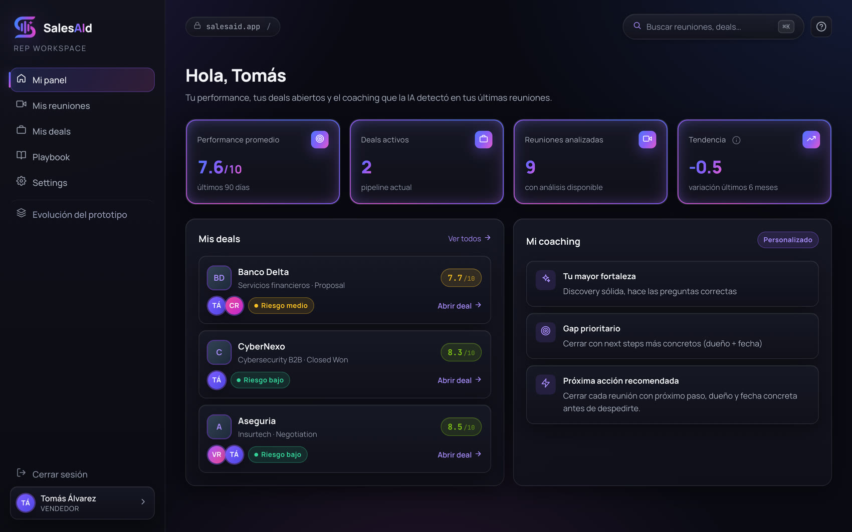 Panel del vendedor con feedback del manager