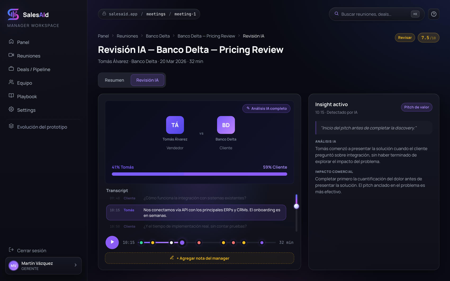 ReuniónPlayer: transcript navegable con insights de IA
